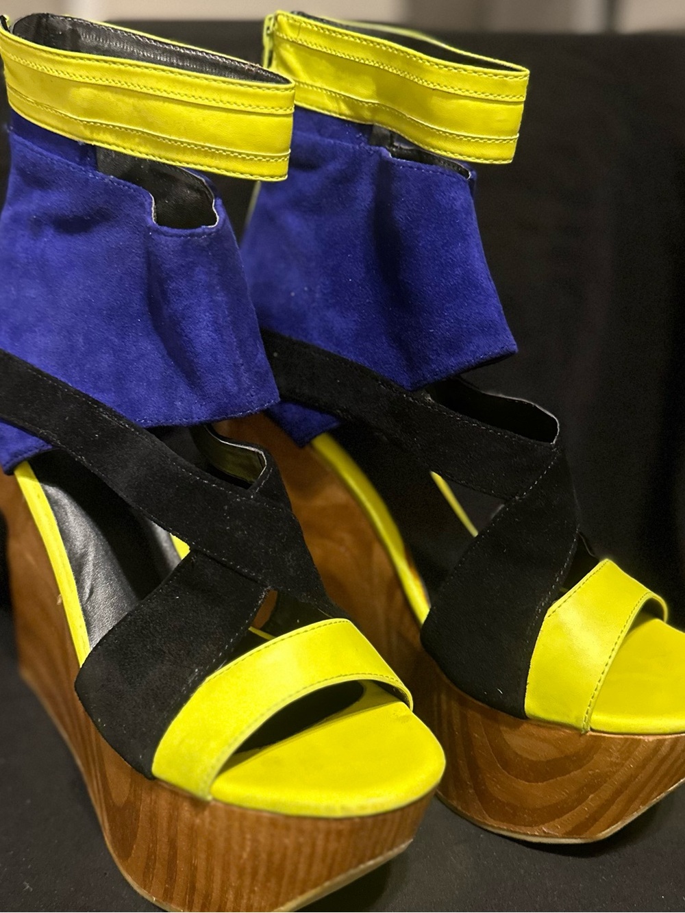 Dolce Vita Yellow, Blue & Black Wooden Platform Wedge Sandals